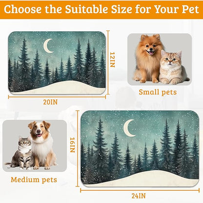 Pet Feeding Mat,Abstract Forest Absorbent Dog Cat Food Mat Moon Dog Mat with Rubber Backing,Non-Slip Water Bowl Placemat,Pet Supplies 16" x 24"