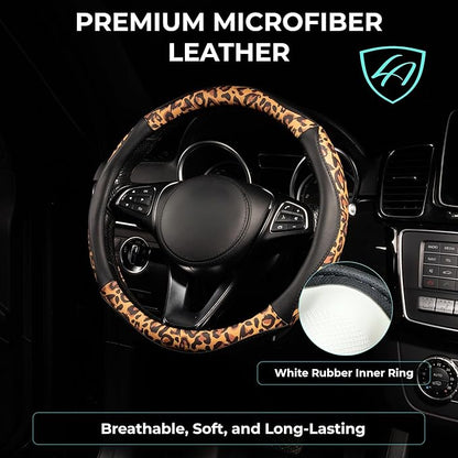Lord Autofashion Steering Wheel Cover – PU Leather, Non-Slip Rubber Inner, All-Season Comfort – 14.5–15 Inch (Black/Leopard 8684)