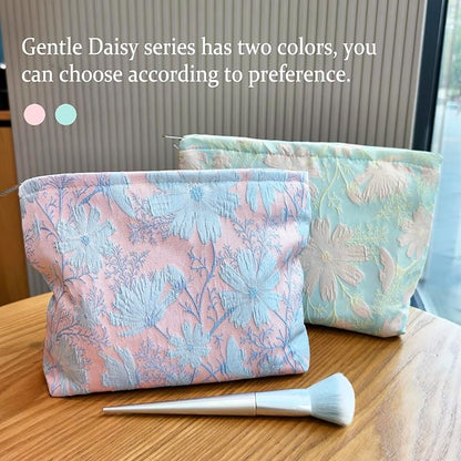 STARDW Aesthetic Floral Makeup Bag Cute Small Cosmetic Bags for Women Girls, Travel Toiletry Bag Large Capacity Zipper Makeup Pouch, Purse Organizer Pouches (Gentle Blue Pink)
