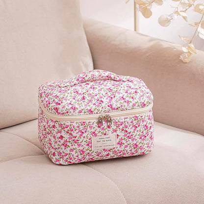 uekeboag Large Travel Quilted Makeup Bag for Women, Floral Cotton Cosmetic Bag, Coquette Aesthetic Floral Toiletry Organizer Bag