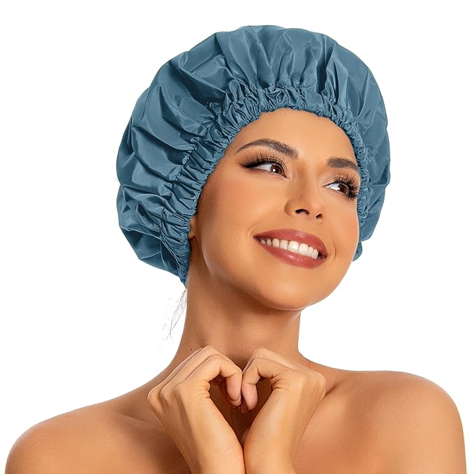 Reusable Shower Cap for Women, Large Waterproof Shower Essentials Bonnet Washable Elastic Band Bath Hair Wrap Hat for Long Hair, Braids(Haze Blue)