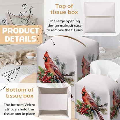 Christmas Tissue Box Holder, Christmas Cardinal Leather Tissue Box Cover Square with Bottom Belt, Paper Facial Decorative Tissues Cover for Night Stands Bathroom Office Home Decor-B11