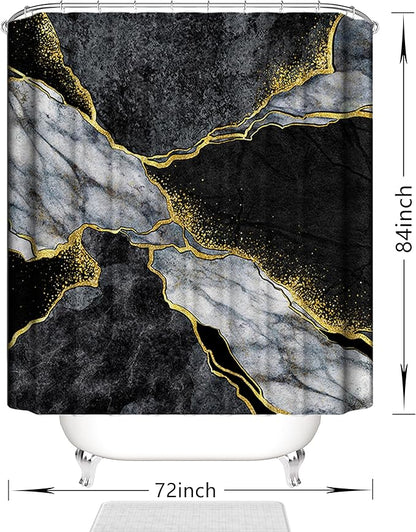 Domoku Marble Waterproof Shower Curtain with Hooks, Machine Washable Easy-Care Fabric Bathroom Curtain for Tub or Shower (Black, 72" W x84 L)