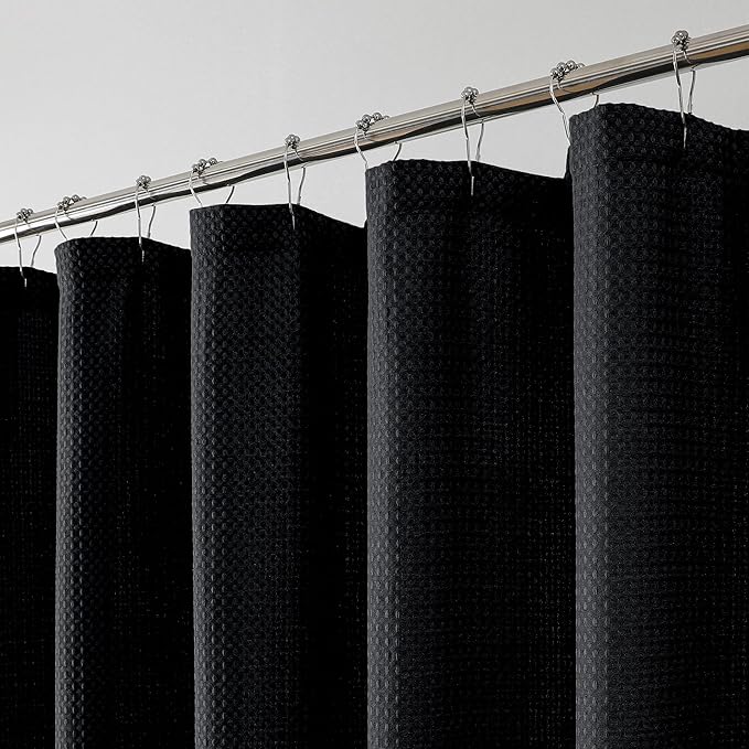 OWENIE Black Shower Curtain, Stall Small Waffle Weave Heavy Fabric Shower Curtains for Narrow Size Bathroom, Waterproof Soft Hotel Spa Luxury Bath Curtain Set, Machine Washable, Black, 36x72 Inch