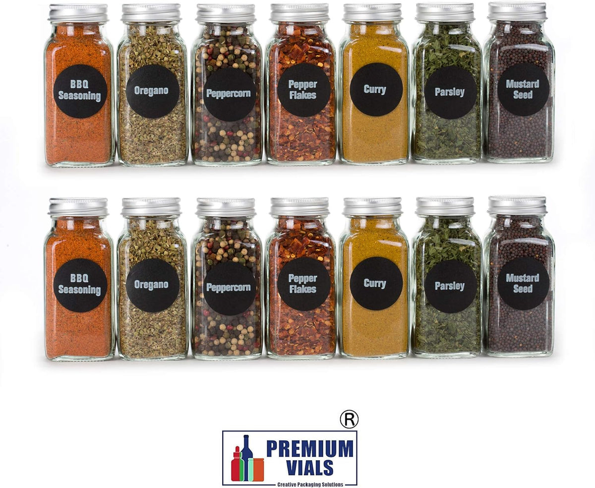 6oz, BEST VALUE 14 Large Glass Spice Jars includes pre-printed 126 Chalkboard Spice Labels plus 113 PVC Clear Labels. 14 Square Empty Jars, Airtight Cap, kitchen Funnel Pour/Sift Shakers