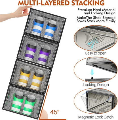 6 Pack Thicken Shoe Organizer Stackable,Upgraded Sturdy Shoe Storage Box with Magnetic Door,Shoe Containers For Sneaker Display,Hat Organizer,Black