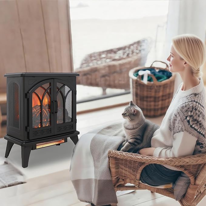 24" Electric Fireplace, Freestanding Fireplace Heater w/Realistic Flame