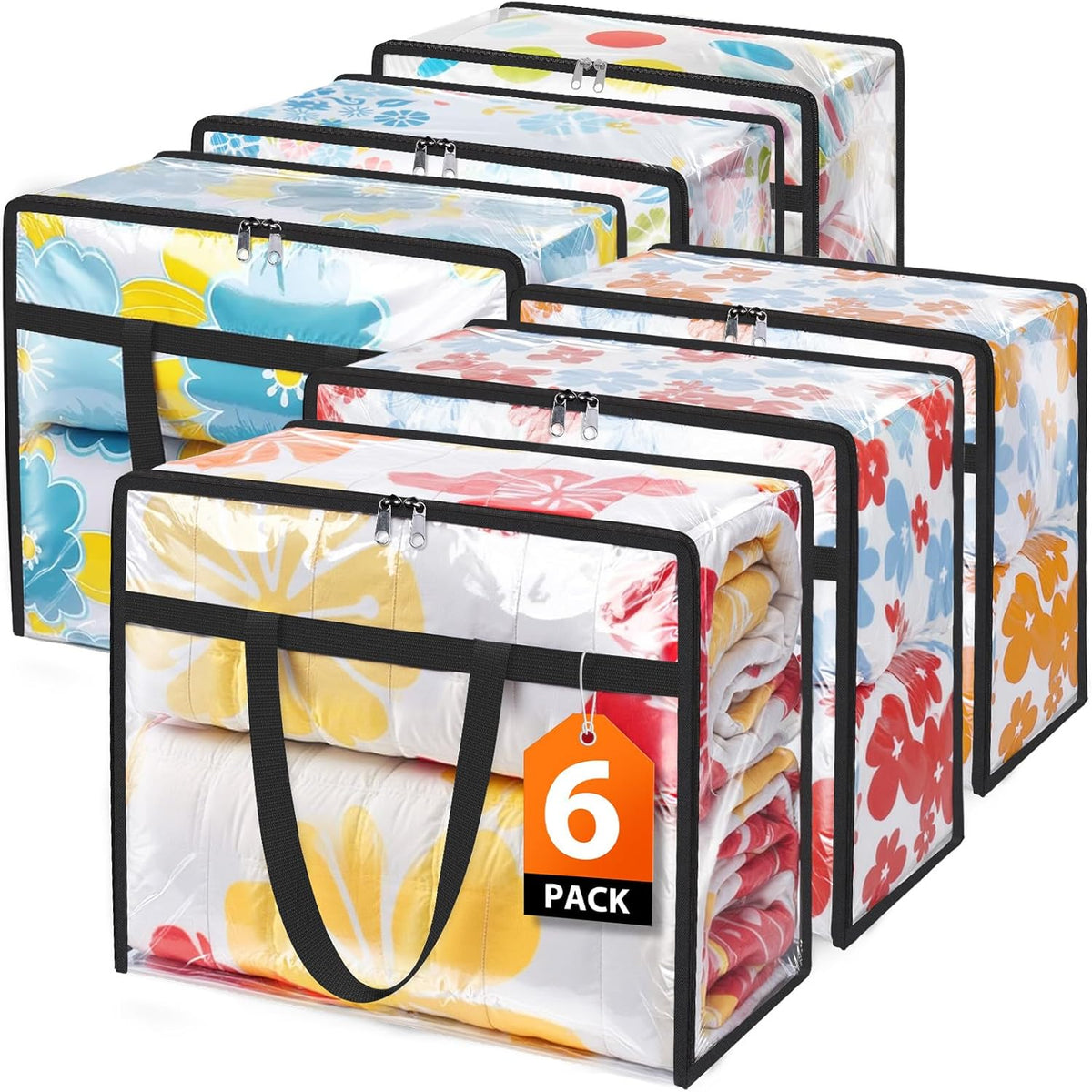 Clear Clothes Storage Bags, 6 Pack Closet Organizers and Under Bed Storage Containers, Foldable Moving Bags with Zippers for Comforter, Blanket, Bedding, Duvet, PVC Packing Bags 40L