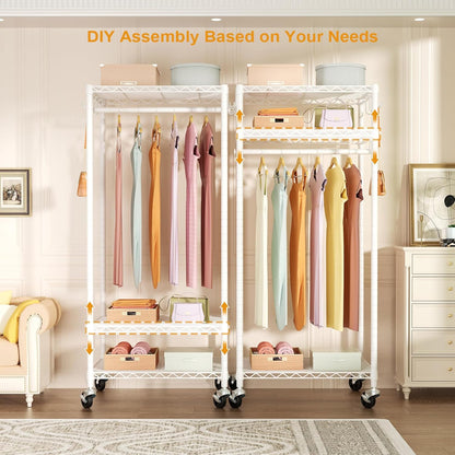 FUTASSI P6 Mini Rolling Clothes Rack Heavy Duty, Clothing Racks for Hanging Clothes, Freestanding Garment Rack with Wheels, Portable Closet Rack Max Load 360LBS, 23.6''W x 14''D x 74.6''H, White