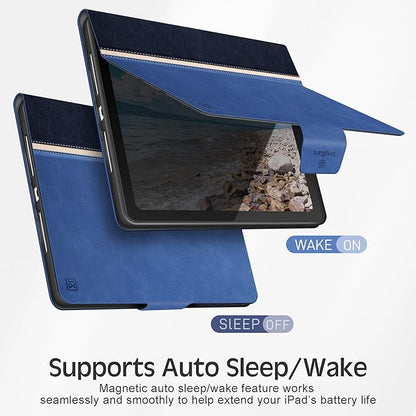 KingBlanc Case for iPad (A16) 11th Generation 11-inch 2025, iPad 10th Generation 10.9" 2022 with Pencil Holder, Vegan Leather Protective Stand Cover, Auto Sleep Wake, Multi-Angle Viewing/Typing, Blue
