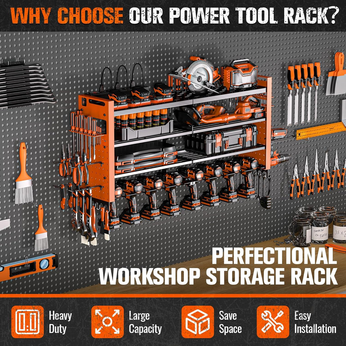 Heavy Duty Power Tool Organizer Wall Mount with Charging Station, Large Garage Organization with 10 cordless Drill Holder, 4 Layers Tool Organizers and Storage, Tool Rack with 6 Power Strip,Orange