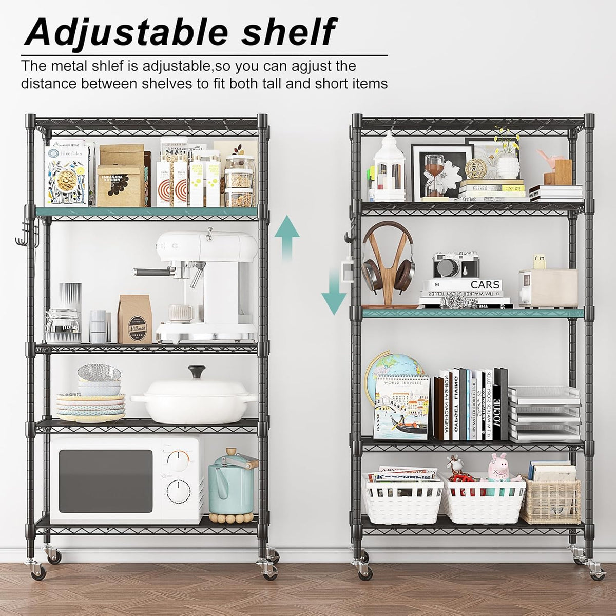 Himimi 5-Tier Storage Shelf Wire Shelving Unit on Wheels Heavy Duty Metal Shelves Adjustable Steel Rack Organization for Kitchen Garage Basement, Black