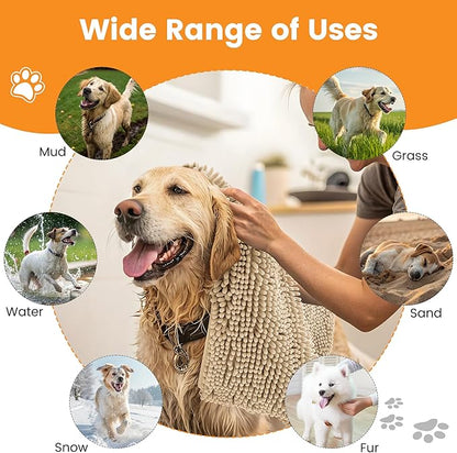 Smiry Chenille Dog Drying Towel, Extra Absorbent Bath Towel for Mud Dogs, Ultra Soft Quick Dry Pet Wash Mitt for Bathing, Grooming and Post-Walk Cleaning (31x13 Inches, Beige)