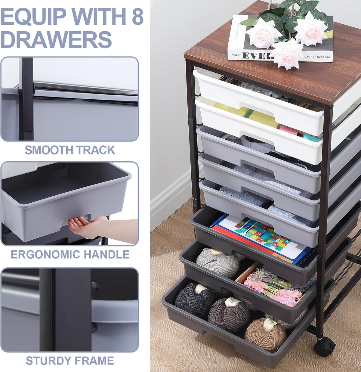 Rolling Cart with Drawers,Utility Cart With 8 Drawers and Wooden Tabletop for Living Room,Classroom,Bedroom,Bathroom,Dorm,Office,Dark Grey
