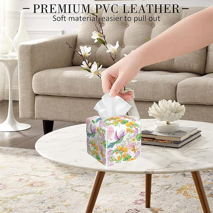 POIUBLE Tissue Box Holder Hummingbird and Flower Tissue Box Cover Butterfly Square Leather Tissue Holder Organizer Portable Decorative Facial Paper Case for Home Office Bathroom Vanity Countertop