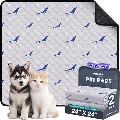 Velvopet Washable Pee Pads for Dogs, 2 Pack Puppy Pads, Super Absorbent & Leakproof with Anti-Slip Bottom for Dog Training, Crates, Car, Pet Pee Pads, and Furniture Protection, 24"x24"