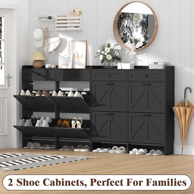 Shoe Cabinet with 4 Flip Drawers & 2 Storage Drawers, Rustic Farmhouse Narrow