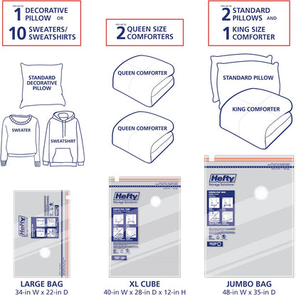 Hefty Shrink-Pak Starter Kit - 2 Large, 1 XL Cube, 1 Jumbo Vacuum Seal Storage Bag and Hand Pump – Space Saver Bags for Clothing, Pillows, Towels, or Blankets, 5 Pc Set