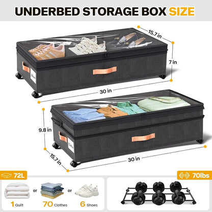Under Bed Storage with Wheels, 2 Packs XXL Underbed Organizer with Lid, 10'' Adjustable Height Shoes Containers Clothes Rolling Bin for Bedroom Dorm, Grey