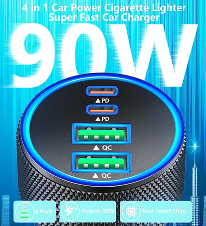 Car Charger USB C, KYOHAYA 90W 4-Port Dual USB-C & USB-A Power Cigarette Lighter Adapter PD/QC Type C Car Charger Fast Charging for iPhone 17 Pro 17 Pro Max 16 15 14 13 12 11/Galaxy S26 S25/Pixel/iPad