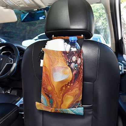 ALAZA Hanging Car Trash Bags Garbage Bag Trash Can for Back Seat Small Marble Orange Blue Washable Storage Bag Retractable 2 Pack