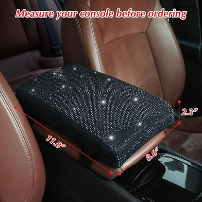 Black Bling Car Armrest Cover with Memory Foam Cushion Pad & Rhinestones, Universal Diamond Center Console Cover for Cars, Bling Middle Console Cover, Bling Car Accessories for Women, Black