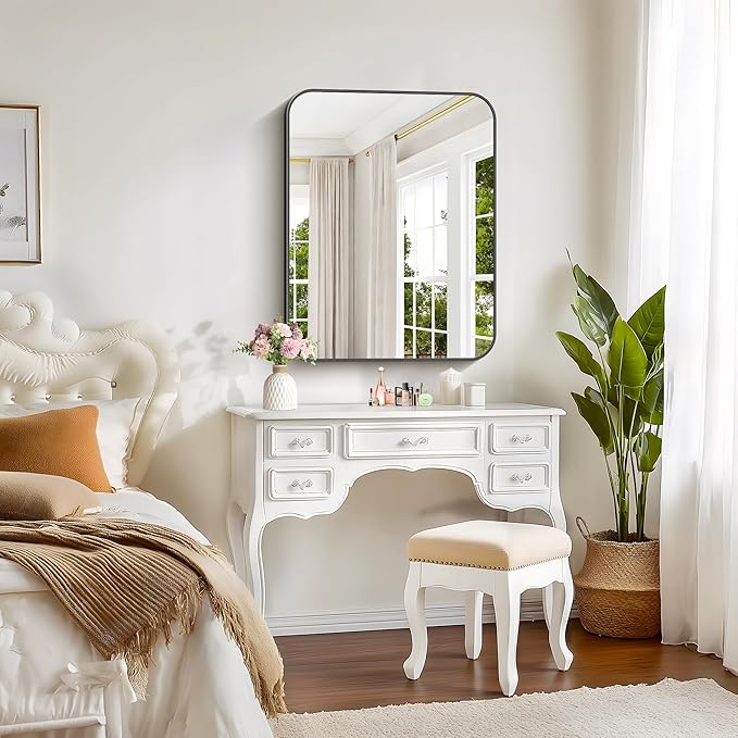 Bathroom Mirror, 30 x 24 inch Metal Framed Black Rectangle Mirror, Rounded