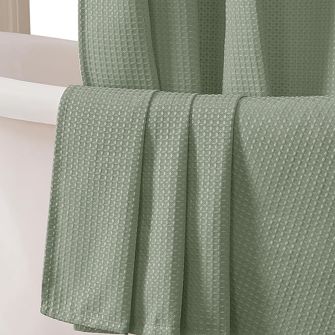 OVZME Sage Green Shower Curtain Set, Waffle Textured Heavy Duty Fabric Shower Curtain for Bathroom, Luxury Hotel Weighted 230GSM Bath Curtain with 12 Plastic Hooks, Machine Washable, 72x72