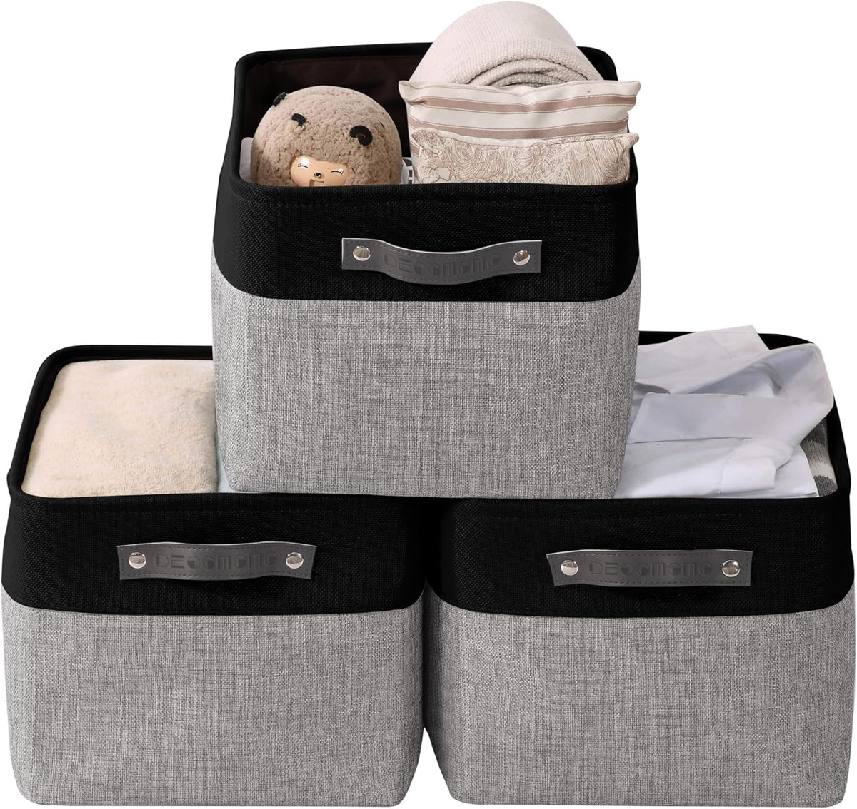 DECOMOMO Storage Baskets for Shelves - Fabric Storage Bins, Linen Closet Organizers and Storage (Grey & Black, Large - 3 Pack)