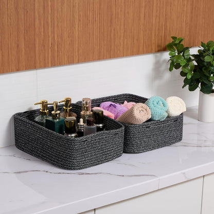 Large Shallow Organizing Baskets 15x11x5.1 Inches - Rope Woven Storage Bins for Bathroom, Shelves, Cube Closet, Mixed Black 2 Packs