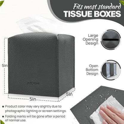 Tissue Box Cover Holder, PU Leather Tissue Box Cover Square with Bottom Belt, Cube Tissue Holder for Bathroom, Modern Organizer for Car, Office, Tabletop (Charcoal, 14 Leather Patterns)