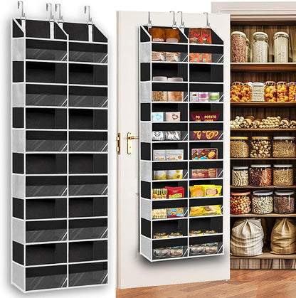 Over The Door Organizer 6 Tiers, Extra Large Behind Door Storage of 12 Compartments, 80 lbs Weight Capacity Hanging Storage Organizer with Clear Window Kids Toys, Shoes, Diapers, Room Storage,Black