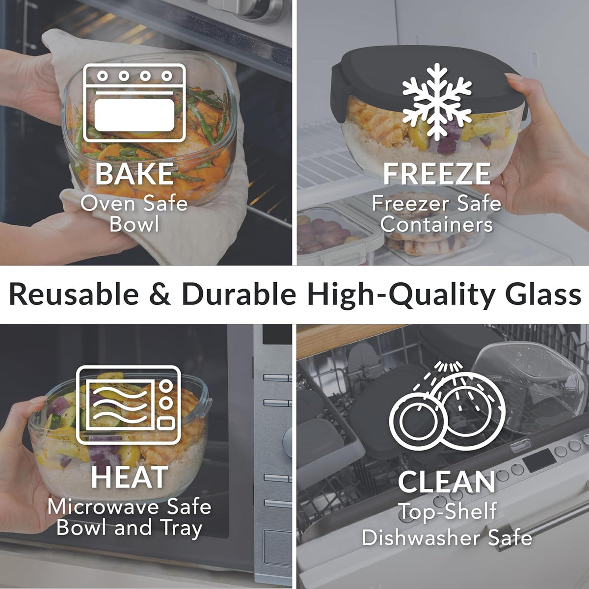 Bentgo Glass All-in-One Salad Container - Large 61-oz Salad Bowl with Lid, 4-Compartment Bento-Style Tray, 3-oz Sauce Container, and Reusable Fork - Dishwasher, Microwave, and Oven Safe (Black Onyx)