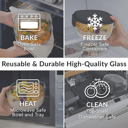 Bentgo Glass All-in-One Salad Container - Large 61-oz Salad Bowl with Lid, 4-Compartment Bento-Style Tray, 3-oz Sauce Container, and Reusable Fork - Dishwasher, Microwave, and Oven Safe (Black Onyx)