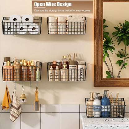 Sonyabecca 6 Pack Hanging Wall Basket for Organizing, EXTRA Large Wire Basket for Pantry with 5 S Hook+6 Adhesive Hook, Wall Mounted Shelf for Kitchen,Bedroom, Bathroom RV,Garage Organization& Storage