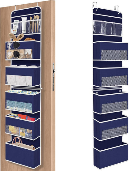 6-Tier Over The Door Organizer Hanging Storage Organizers with Clear Window 40lb Large Capacity Room Organizer for Pantry Bathroom Nursery Closet(Blue)