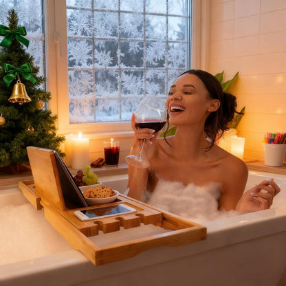 Utoplike Bamboo Bathtub Caddy Tray Bath Tray for Tub, Adjustable Bathroom Bathtub Organizer with Book Tablet Wine Glass Cup Towel Holder (24.5"-37.4")