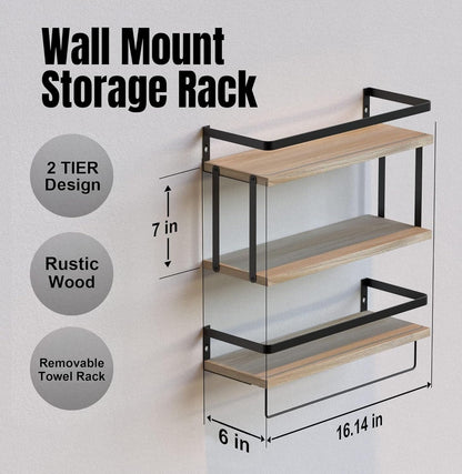 RICHER HOUSE 2+1 Tier Wall Mounted Floating Shelves Set of 2, Rustic Wood Wall Shelf with Metal Frame, Extra Storage Rack for Bathroom, Kitchen, Bedroom with Tissue Rack & Towel Bar - Rustic Wood