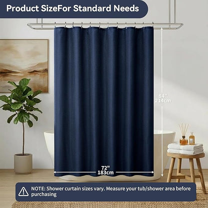 Lameirose 3 in 1 Waffle Shower Curtain Set, Shower Curtain and Liner Set with 12 Double Sided Shower Curtain Hooks, 72 x 84 Fabric Shower Curtains for Bathroom, Navy Blue