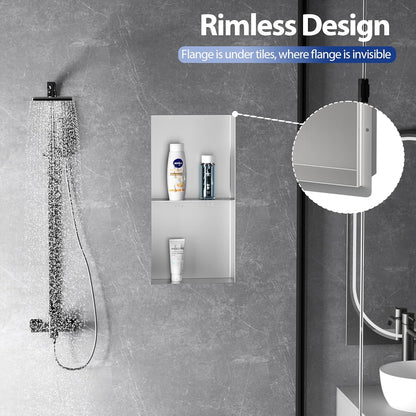 Bathroom Wall Niche, Stainless Steel Shower Niche 12" X 24", Rimless Recessed Wall Shelf for Bathroom, Double Shelves Bathroom Niche No Tile Needed, Brushed Nickel