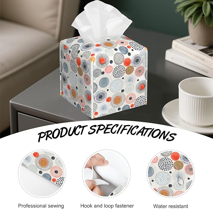 Multicolor Circles Tissue Box Holder,Cube Tissue Box Cover Holder,Leather Facial Paper Organizer Dispenser Home for Bedroom Night Stands,Kitchen,Office and Car,5.2"×5.2"×5.2"