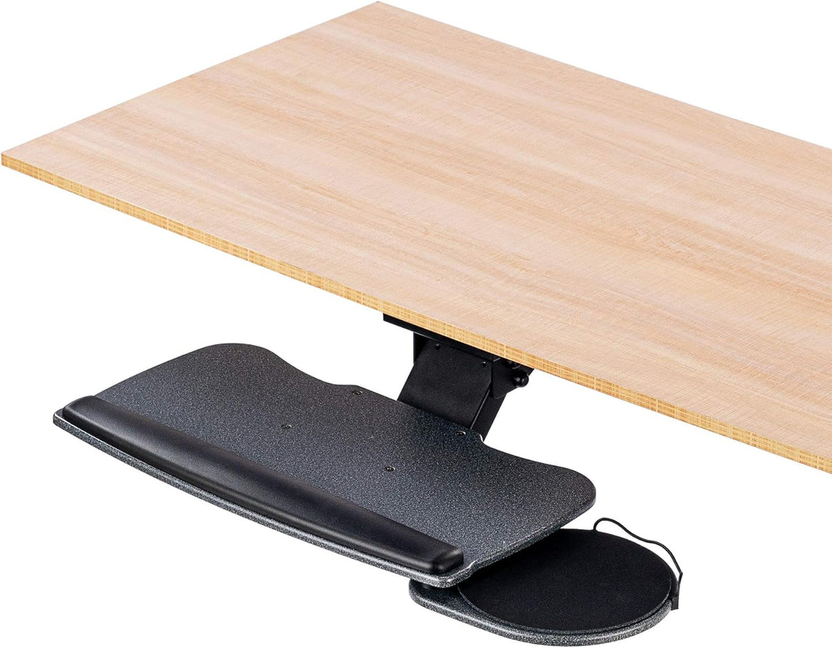 Under Desk Keyboard Tray, 20" x 11" Tray, 17.75" Track, One Knob Control, Undermount Sliding Computer Keyboard and Mouse Tray with Wrist Rest, Swivels 360° with Adjustable Height and ±15° Tilt