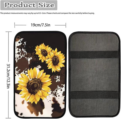 Dreaweet Sunflower Brown Cow Print Center Console Cover Cute Car Accessories for Women Car Armrest Cover Cushion Soft Comfy Car Arm Rest Cover Pad Universal for Most Vehicles