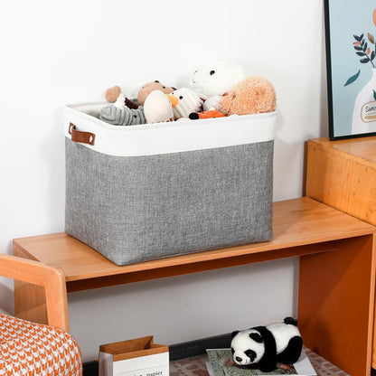 DULLEMELO Large Storage Baskets, Fabric Storage Basket with Leather Handles for Shelves Closet Nursery Toy Storage, Collapsible Fabric Baskets for Toy Book Magazine Towel Organizers(White&Gray)