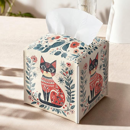 Cat Tissue Box Holder, Nordic Cat Leather Tissue Box Cover Square, Paper Napkins Everyday Dispenser Accessories for Bathroom Vanity Countertop Night Stands Kitchen Office Car Home Decor