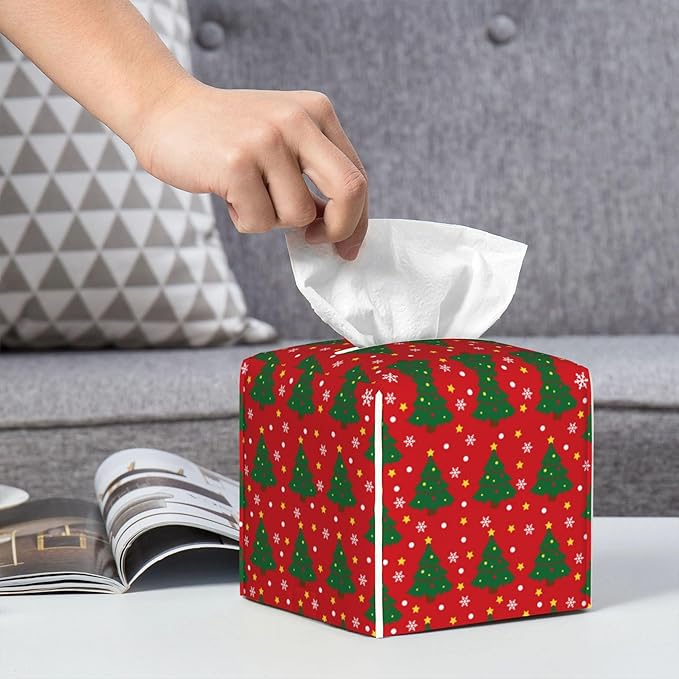Christmas Tree and Snowflakes Tissue Box Cover Square,Red Green Christmas Pine Tree Tissue Box Holder Waterproof Leather Facial Paper Organizer Dispenser for Bathroom Home Car Nightstand Vanity Desk