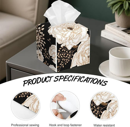 Vintage Peony Roses Tissue Box Cover,Berries PU Leather Tissue Box Holder Square,Modern Home Decoration for Bathroom Living Room Kitchen Office Car,5.2"×5.2"×5.2"