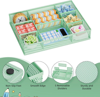 Marbrasse 2 Pack Desk Drawer Organizer, Mesh Drawer Organizer Tray with 8 Adjustable Compartments, Desk Organizers and Accessories, 5 Dividers Drawer for Office Supplies, Makeup & Vanity (Green)