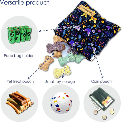 Dog Treat Pouch, Pocket Sized Pet Training Pouch, Cotton Fabric, Hand Free Purple Flower Dog Walking Bag with Carabiner, Self-Closing Pet Feed Snack Reward, for Puppy Travel or Outdoor Use