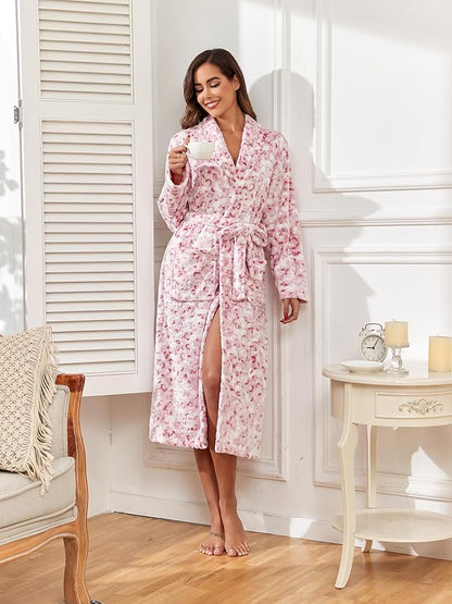 RONGTAI Womens Bathrobe Ladies Fleece Plush Warm Long Robes Fleece Nightgown Sleepwear